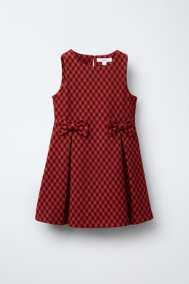 Zara BOW TRIM PLAID DRESS - Red