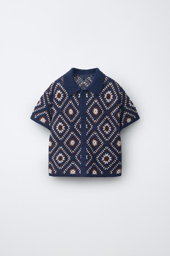 CAMISA PUNTO CROCHET ROMBOS - Azulón de Zara - Imagen 0