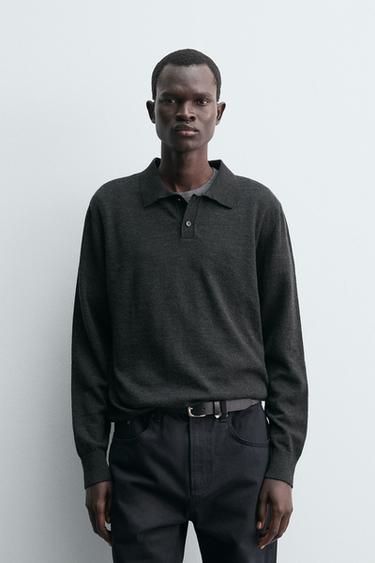 100% WOOL KNIT POLO SHIRT - Grey marl by Zara