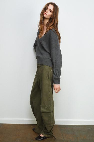 Zara DEEP NECK KNIT JUMPER - Gray