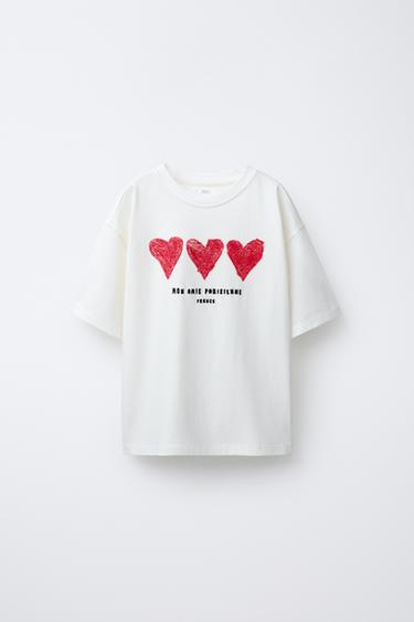 HEART T-SHIRT WITH EMBROIDERED TEXT - White by Zara