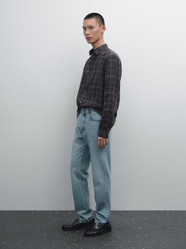 Zara 100% linen regular fit check shirt - Navy blue - Image 0