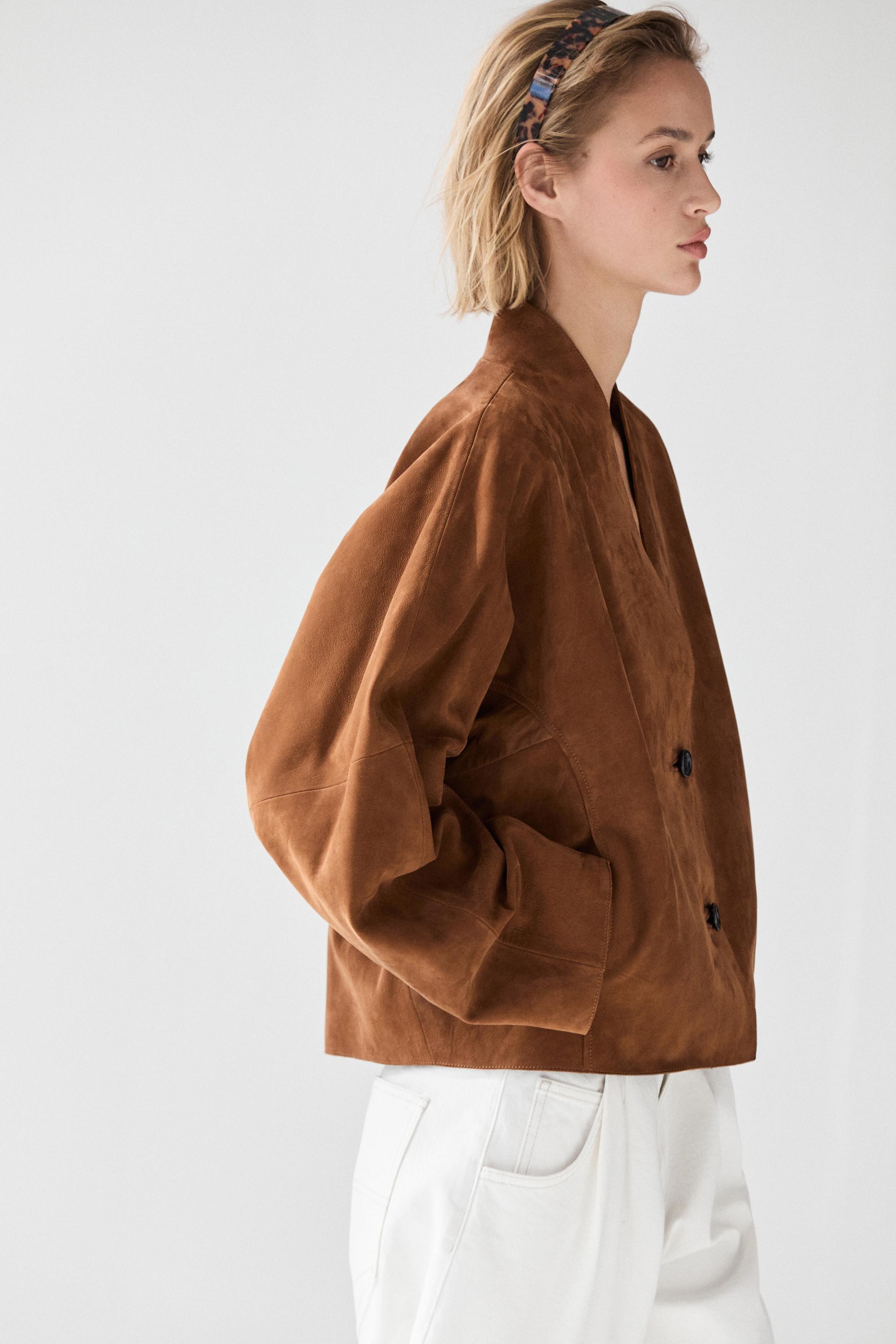 Suede V-neck balloon jacket — Dark mink