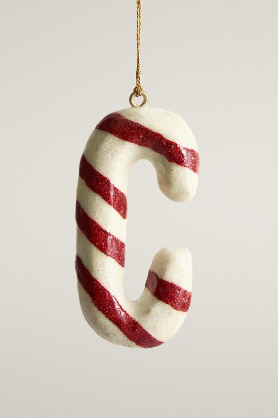 C LETTER CHRISTMAS STRIPED TREE ORNAMENT - White / Red by Zara - Image 0