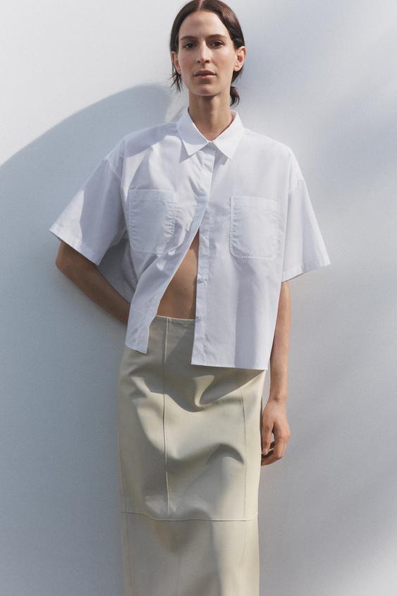 ZW COLLECTION クロップド丈ポプリンシャツ - ホワイト | ZARA Japan 
