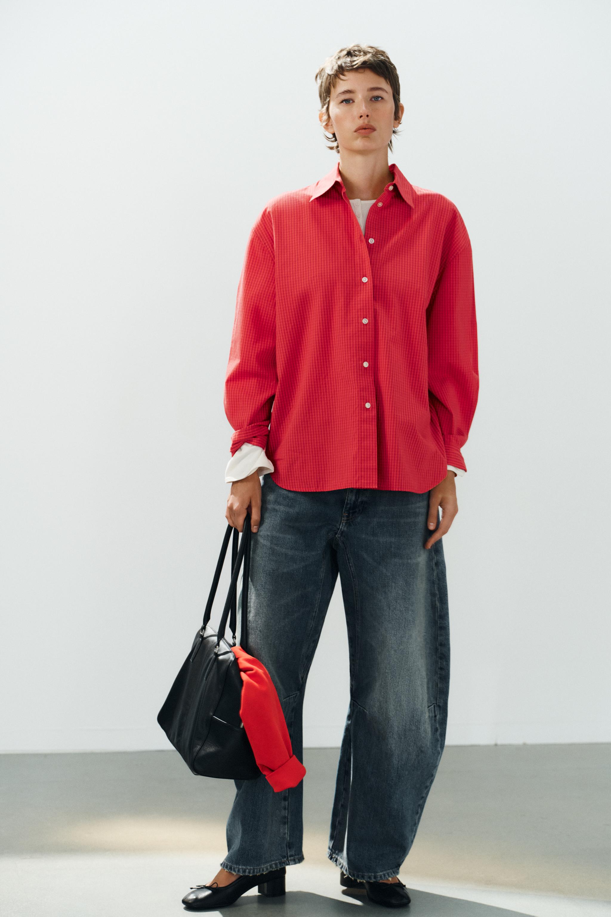 OVERSIZED PLAID POPLIN SHIRT — Red / Black