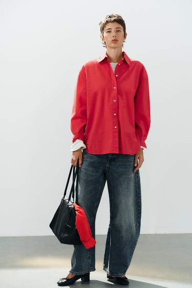 CHEMISE OVERSIZE EN POPELINE À CARREAUX - Rouge / Noir de Zara