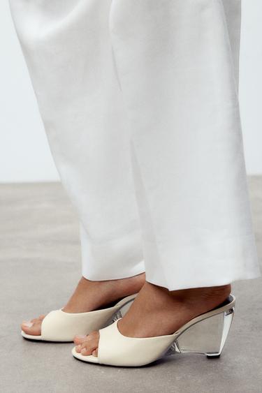 LEATHER TRANSPARENT WEDGE MULES - Ecru White by Zara