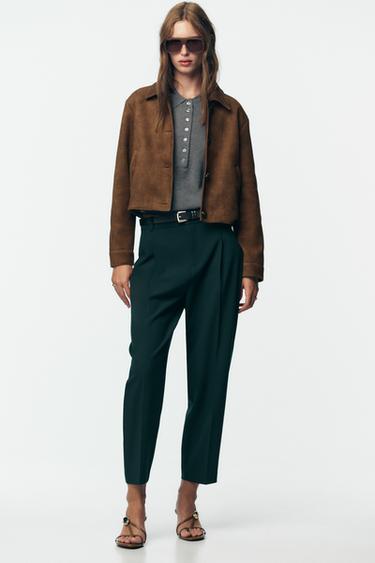 بنطلون بحزام بنقشة رجل الديك - أخضر شرشيري الخاص بـ Zara