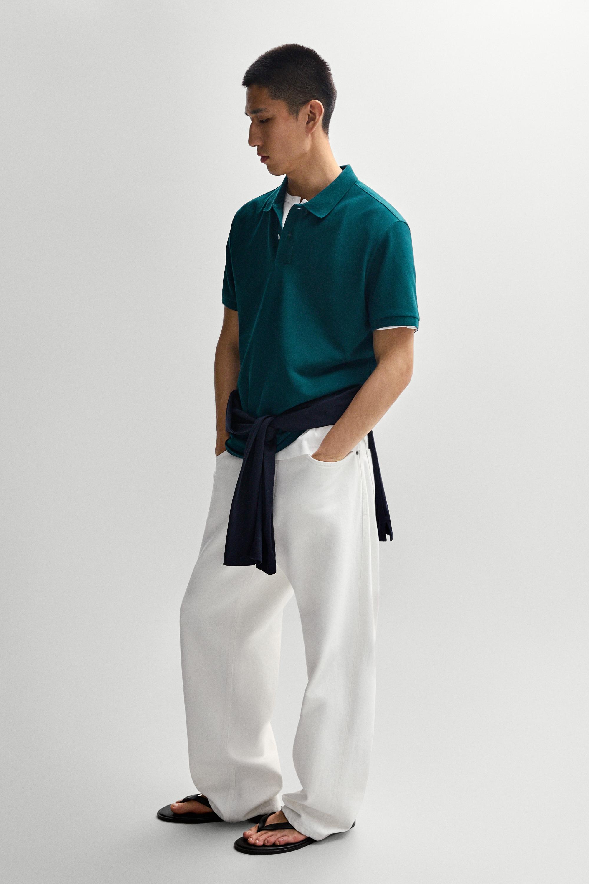 Micro-textured cotton piqué polo shirt — Blue / Green