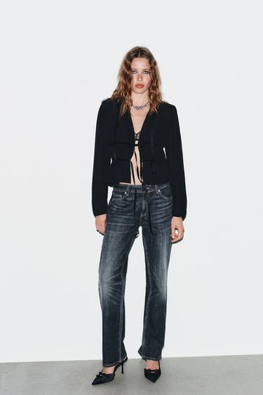 Zara 喬其紗天鵝絨蝴蝶結罩衫 - 黑色