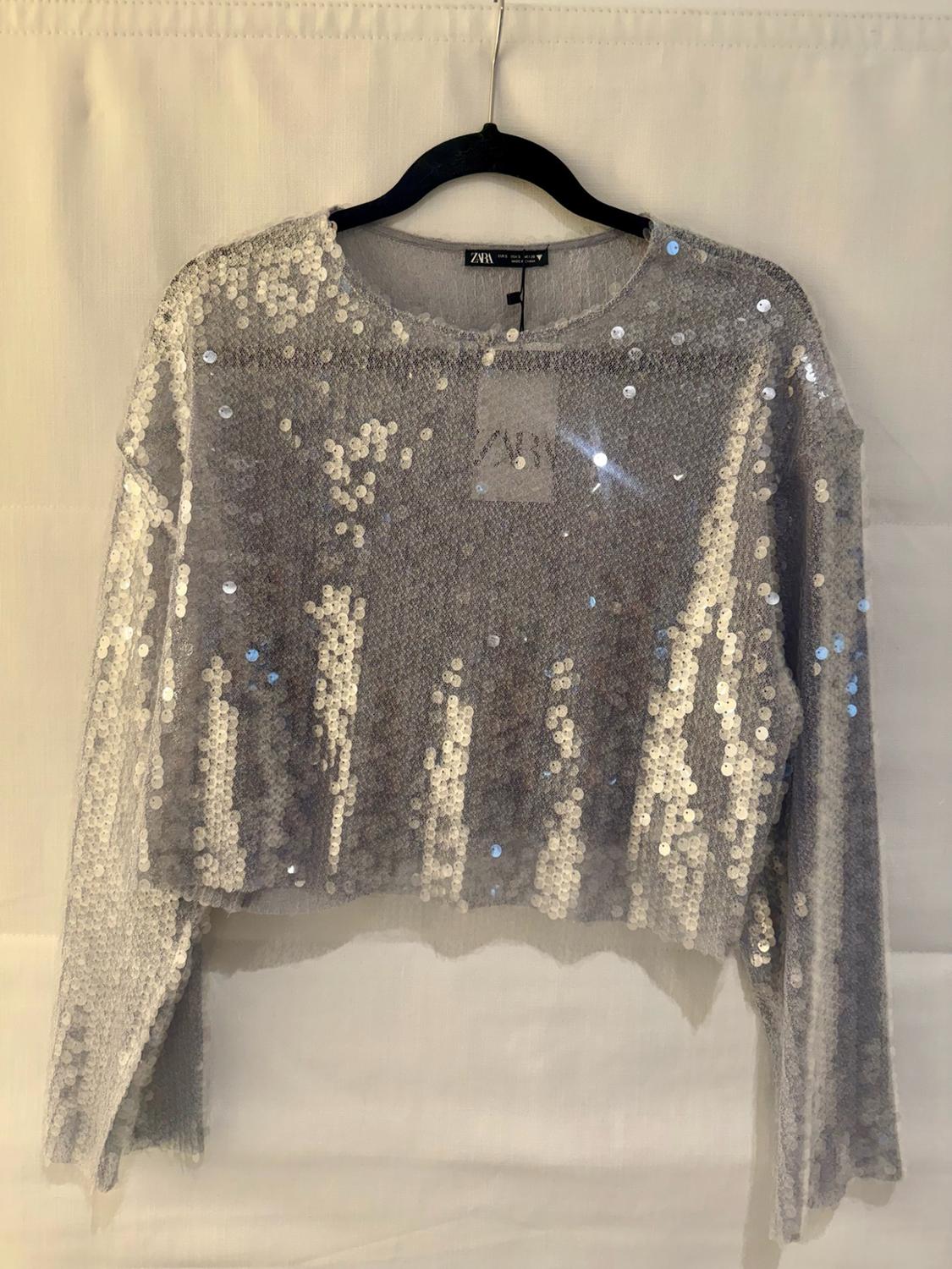 Grey long-sleeved top with silver sequins hanging on a black hanger against a light background. Label with the text ZARA.
