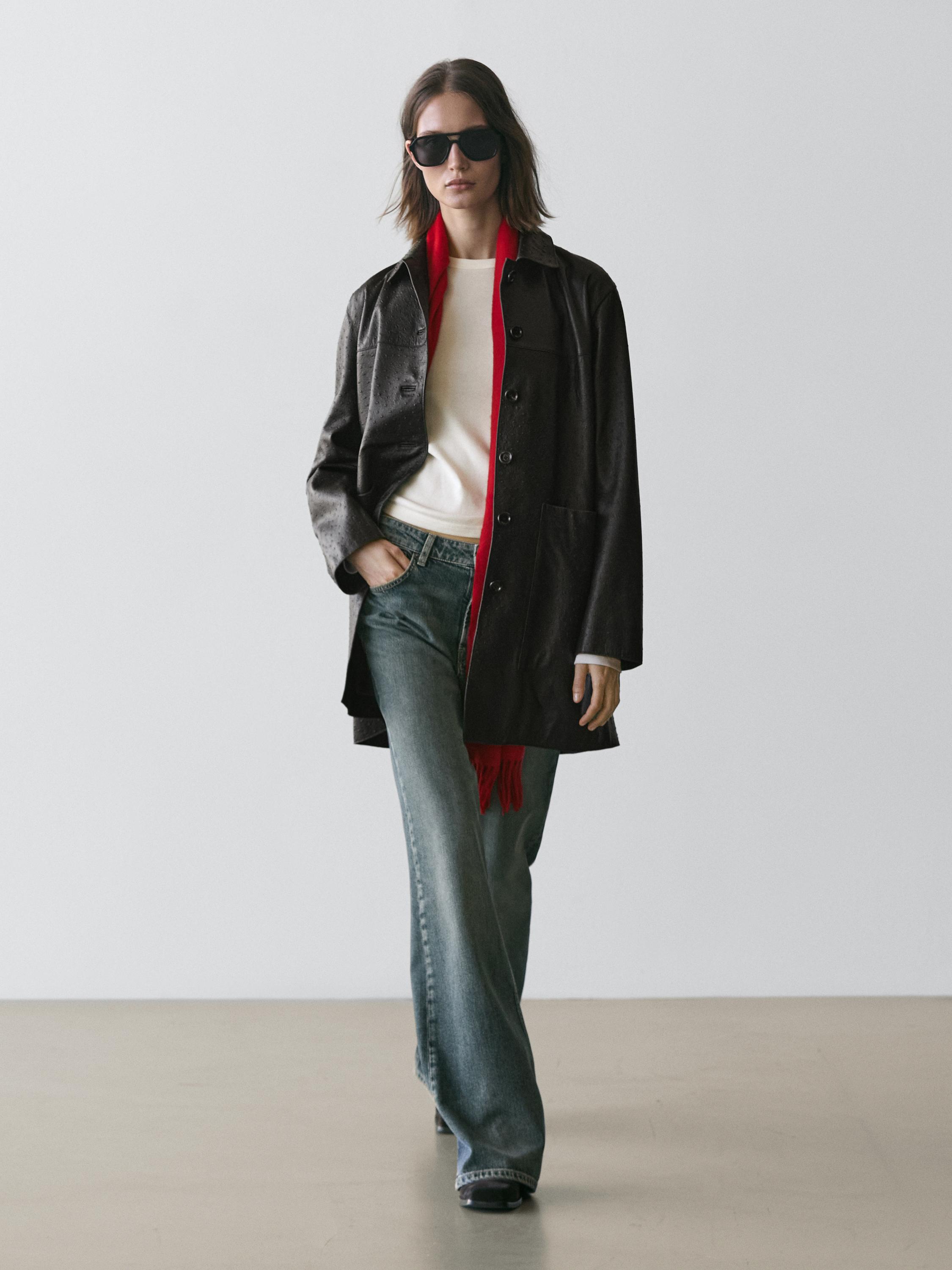 Long textured nappa leather coat