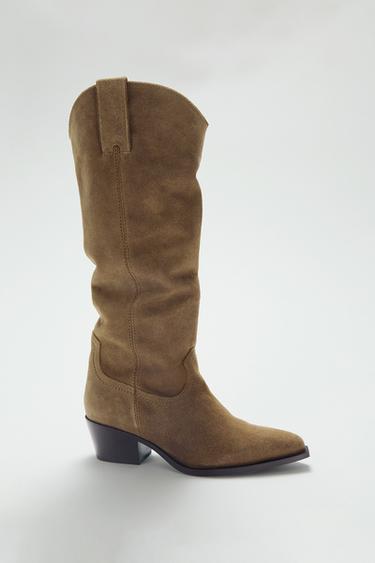 Zara SPLIT LEATHER HIGH-HEELED BOOTS - Sandy Brown