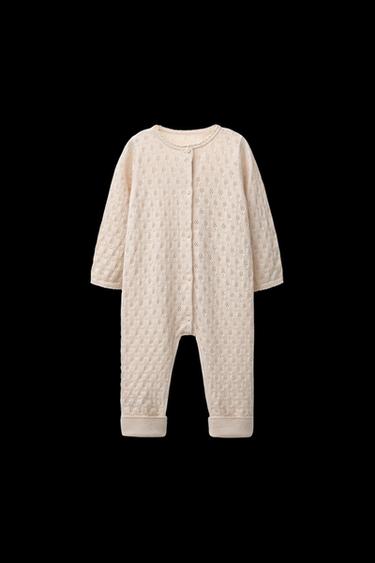 Zara CONVERTIBLE COTTON, SILK AND CASHMERE TEXTURED KNIT JUMPSUIT WITH FOOT - Cream
