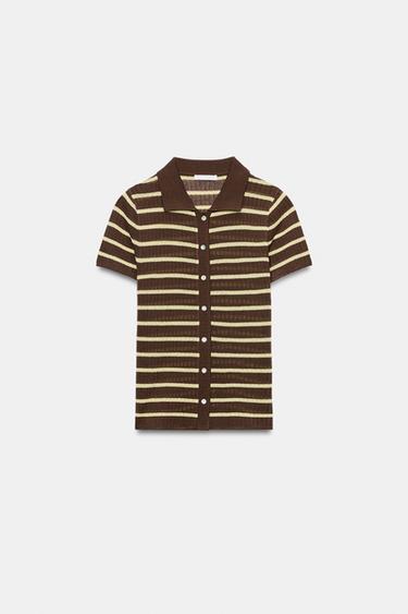 STRIPED POLO COLLAR TOP - Brown by Zara - Image 3