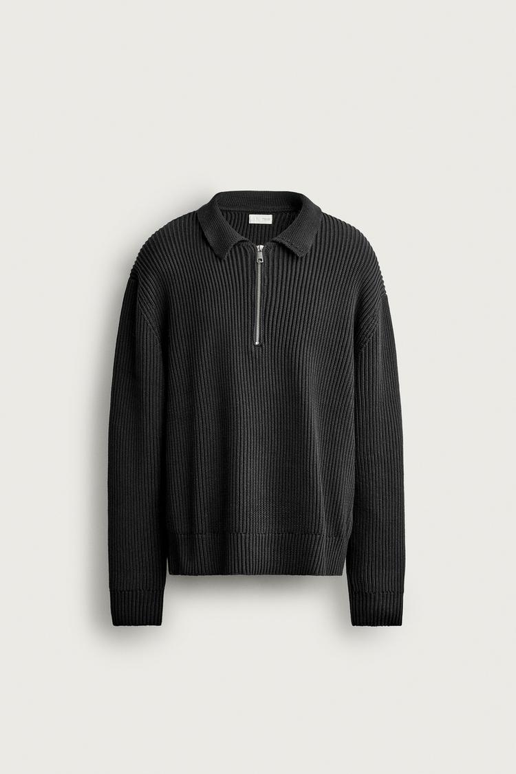 QUARTER-ZIP KNIT POLO SHIRT — Black
