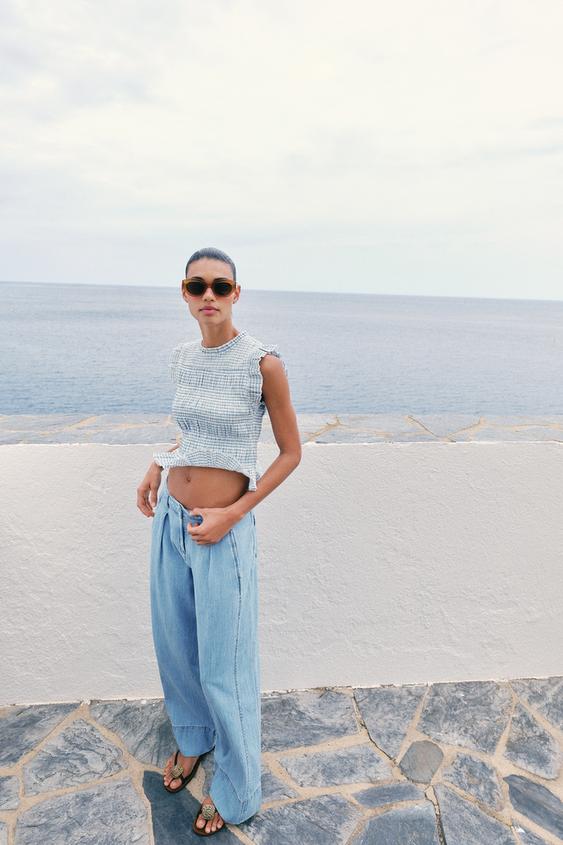 GINGHAM SMOCKED TOP - Ecru / Blue by Zara - Image 0