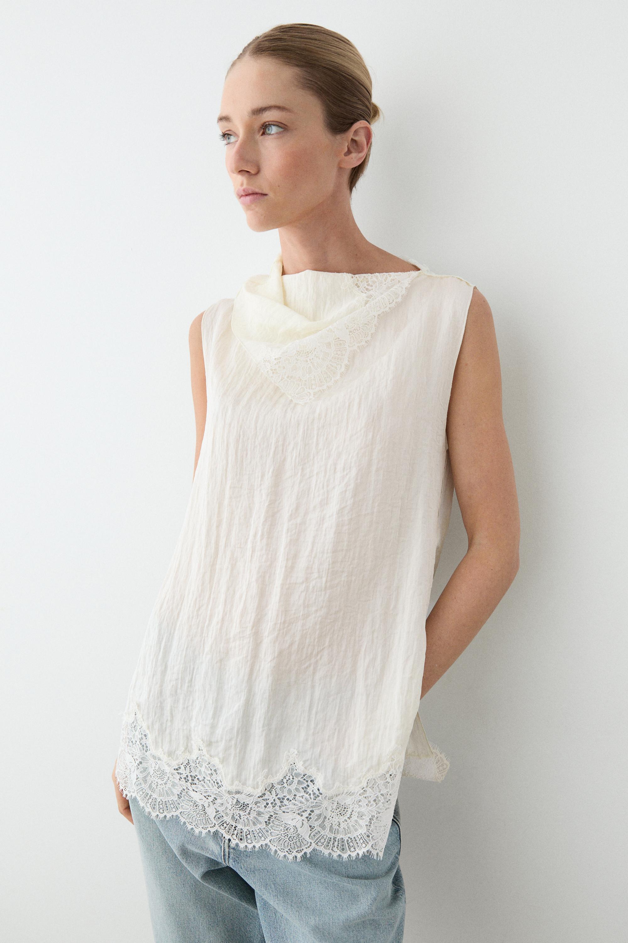 Asymmetric roll neck top with lace detail — Ecru