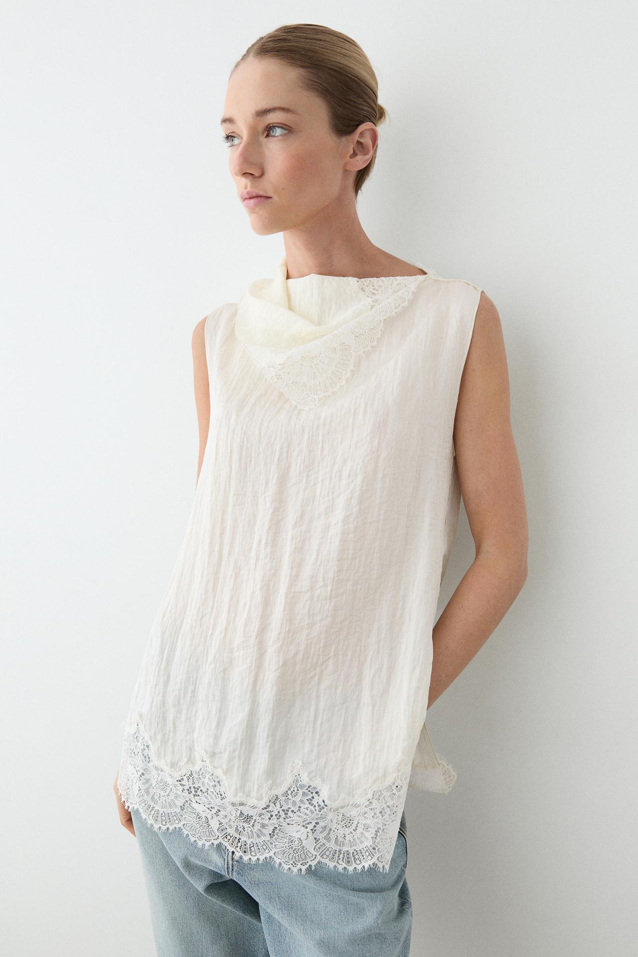 Asymmetric roll neck top with lace detail — Ecru