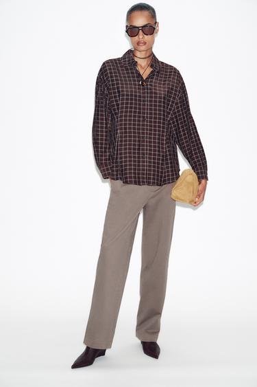 Zara OVERSIZED PLAID SHIRT - Brown / Ecru