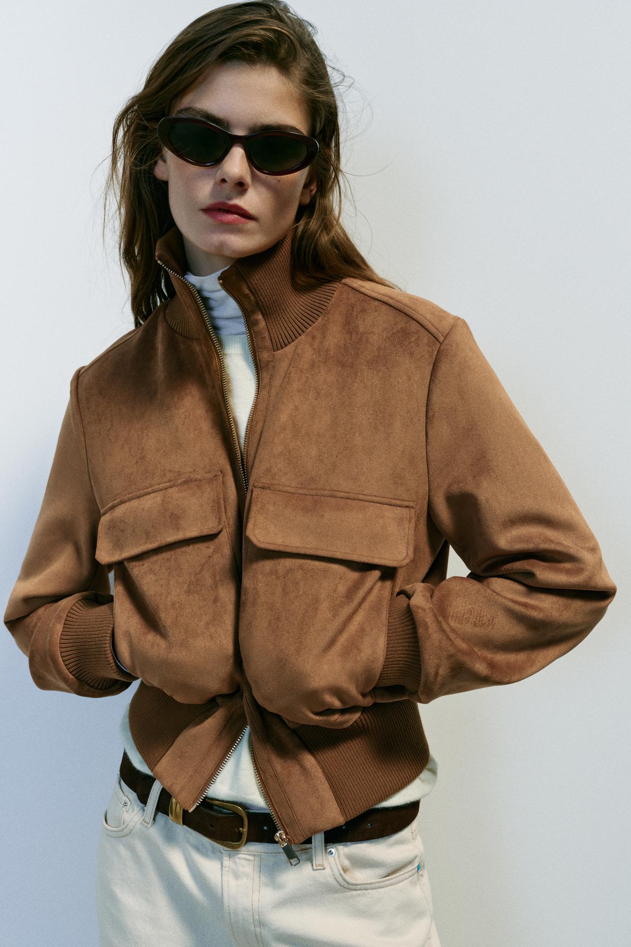 FAUX SUEDE BOMBER JACKET — taupe brown