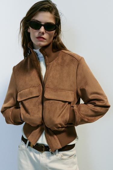 FAUX SUEDE BOMBER JACKET — taupe brown 1