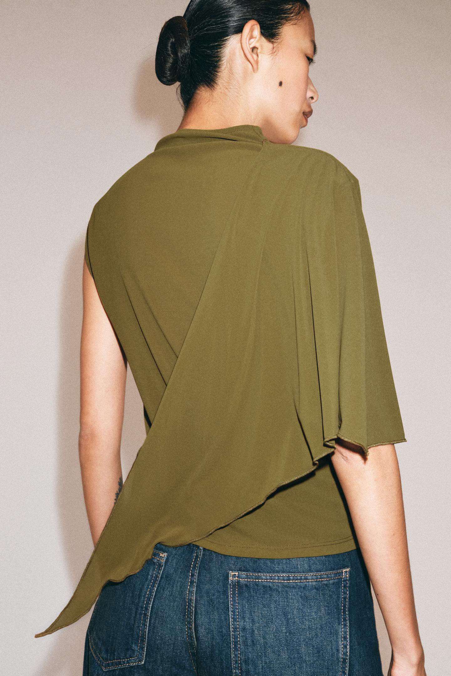 Женский топ Zara Draped Asymmetric Top, цвет: Оливковый зелёный — фото 3