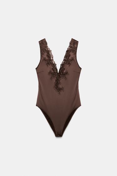 ZW COLLECTION SATIN BODYSUIT WITH LACE TRIM - Brown by Zara