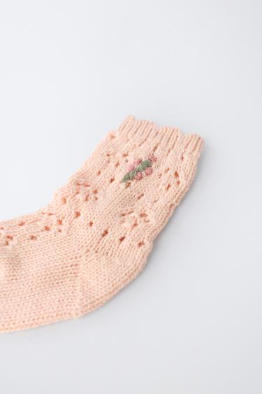OPENWORK SOCKS WITH EMBROIDERED FLOWERS - Peach by Zara - Image 1