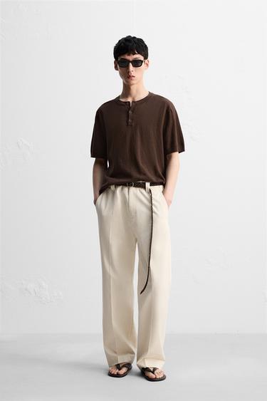 Zara 針織鈕扣領T恤 - 巧克力色