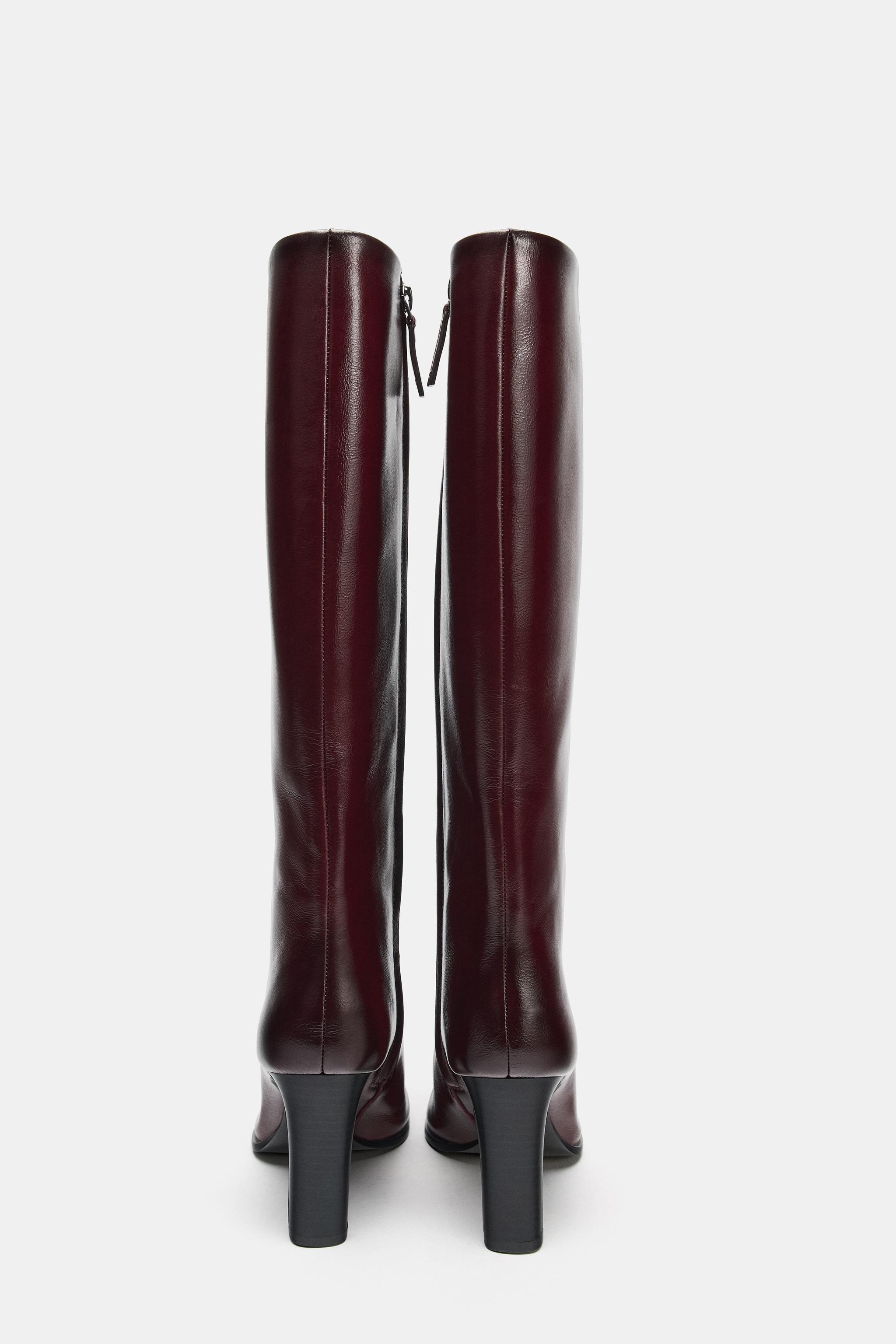 WIDE HEEL LEATHER BOOTS - Burgundy Red | ZARA United States