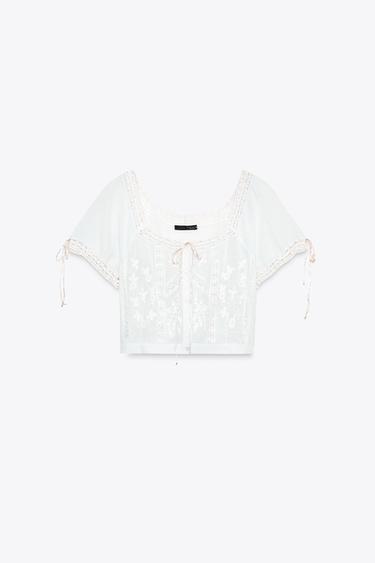 TOP CORTO GASA BORDADOS - Azul claro de Zara