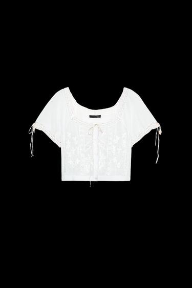 TOP CORTO GASA BORDADOS - Azul claro de Zara