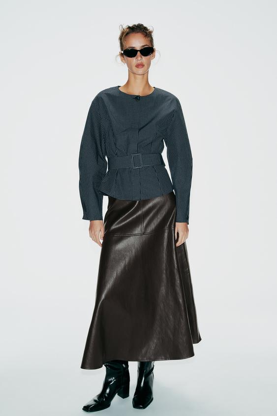 Zara CHECKED BELTED BLOUSE - Navys / Ecru - Image 0