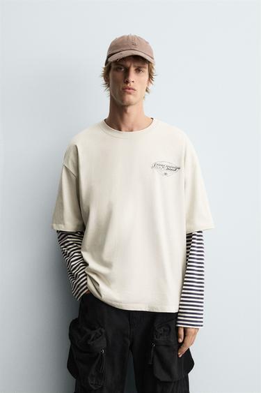 Zara WASHED GRAPHIC T-SHIRT - Bone