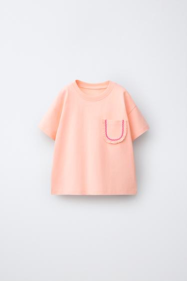 T-SHIRT WITH POCKET AND RUFFLE - Tangerine by Zara