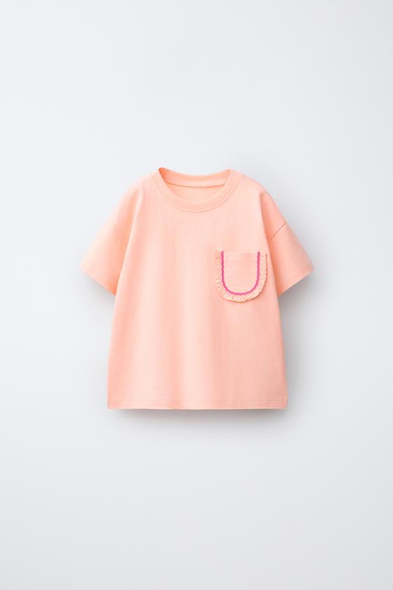 T-SHIRT WITH POCKET AND RUFFLE - Tangerine by Zara - Image 0