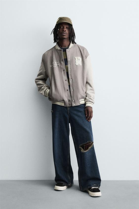 FAUX SUEDE BOMBER JACKET WITH PATCHES