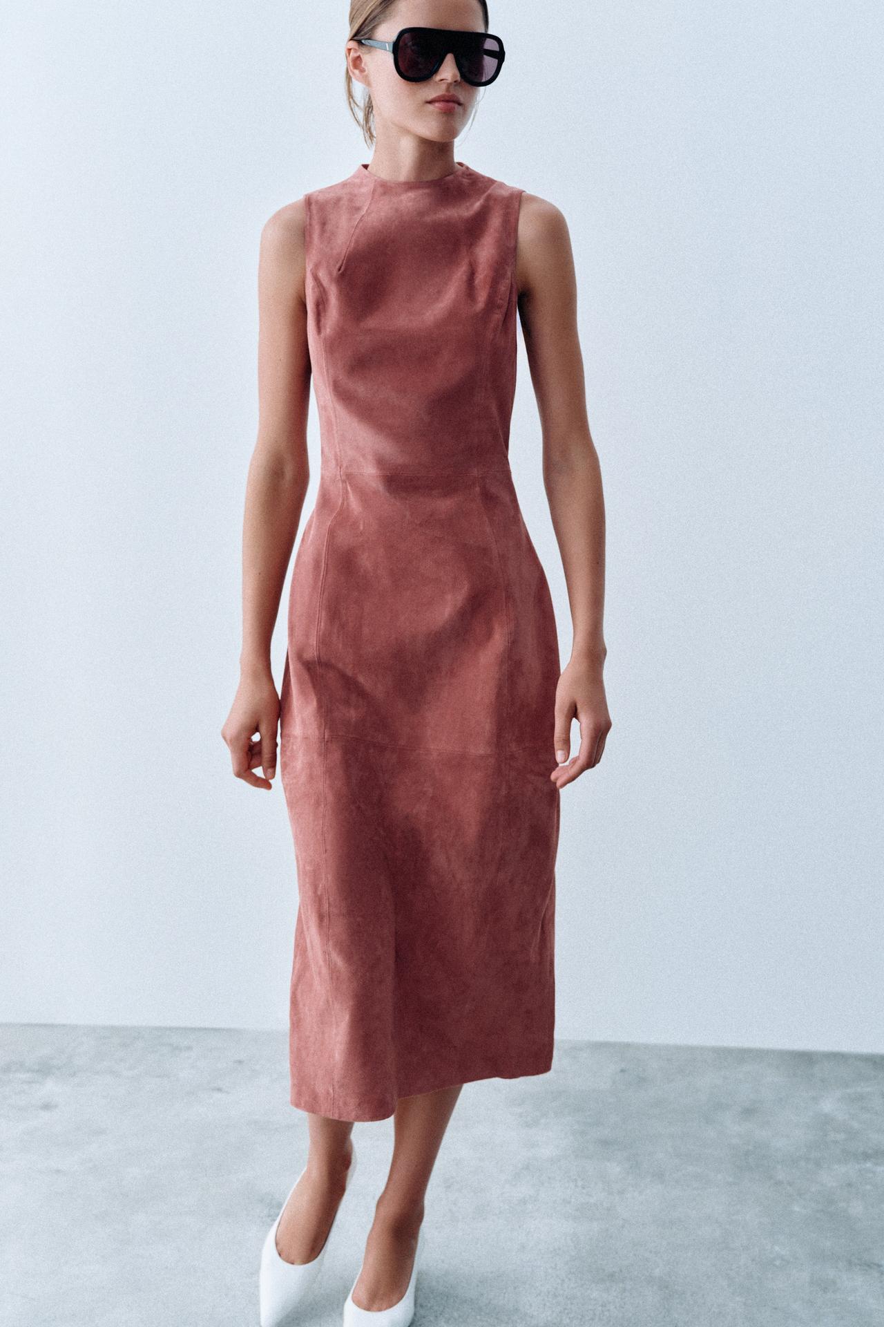 100% LEATHER MIDI DRESS — Pink