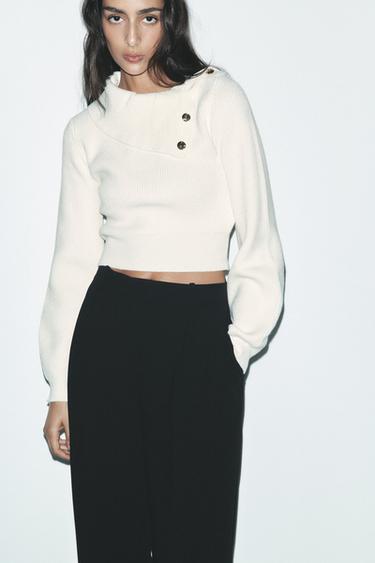 KNIT SWEATER WITH BUTTON COLLAR - Oyster-white by Zara