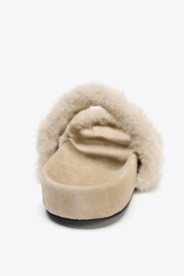 FLAT SANDALS WITH SHEEPSKIN EFFECT - Beige by Zara - Image 4