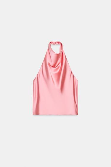 Zara SATIN EFFECT HALTER TOP - Dark pink