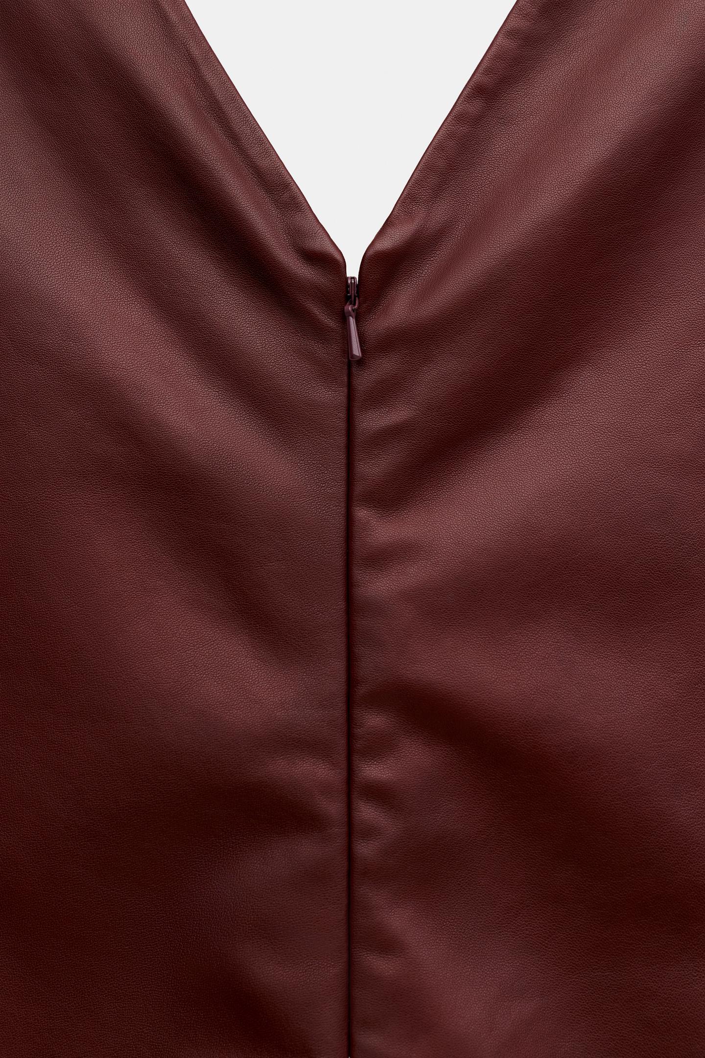 Женское платье Zara 100% Leather MIDI Dress ZW Collection, цвет: Бордовый — фото 7
