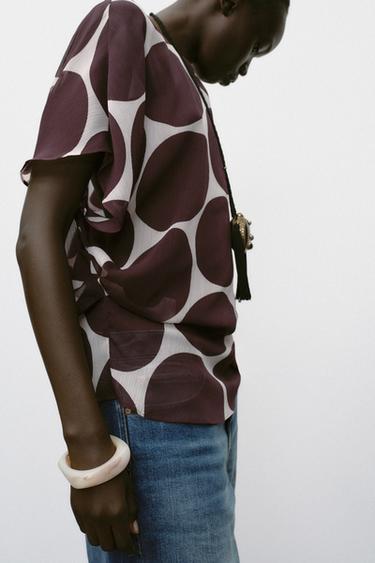 SHEER POLKA DOT TOP - Ecru / Maroon by Zara - Image 4