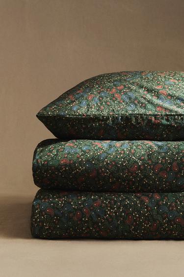 KIDS' CHRISTMAS PAISLEY COTTON DUVET COVER (300 THREAD COUNT) - أخضر داكن الخاص بـ Zara