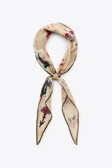 BANDANNA WITH EMBROIDERED FLORALS AND LACE TRIM - Sand by Zara