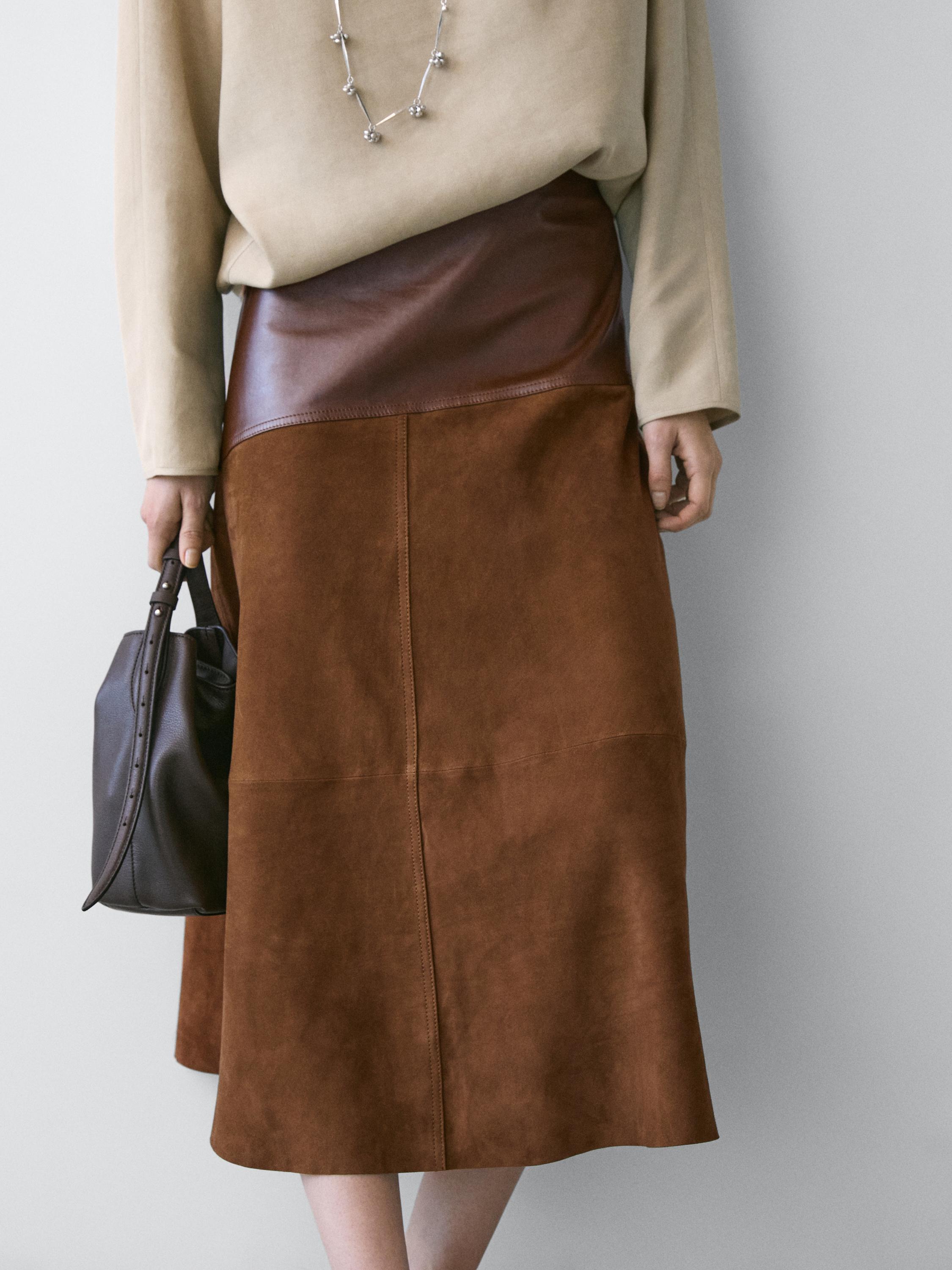Suede nappa leather skirt with asymmetric yoke