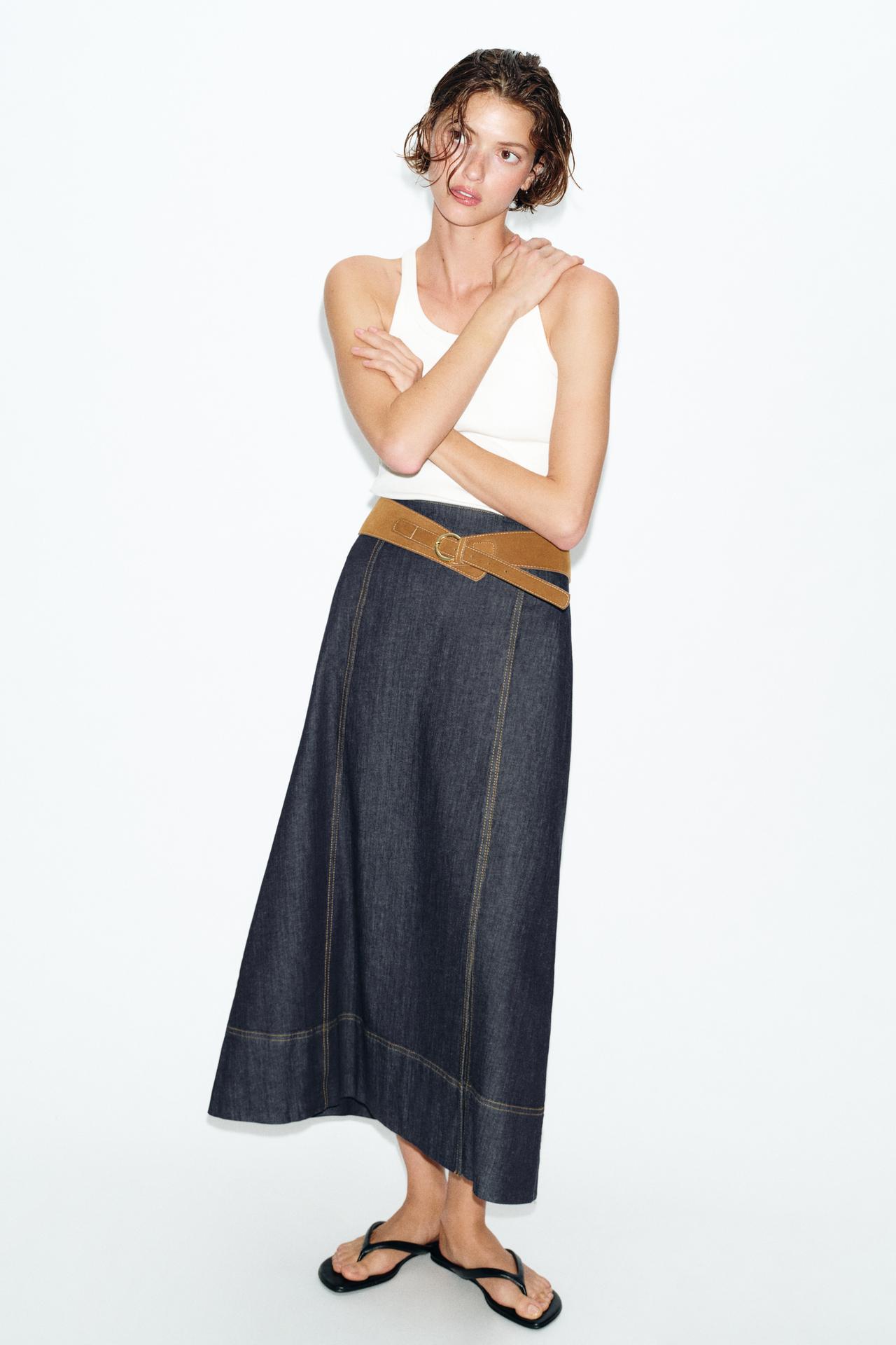 ZARA Z1975 BELTED DENIM MIDI SKIRT