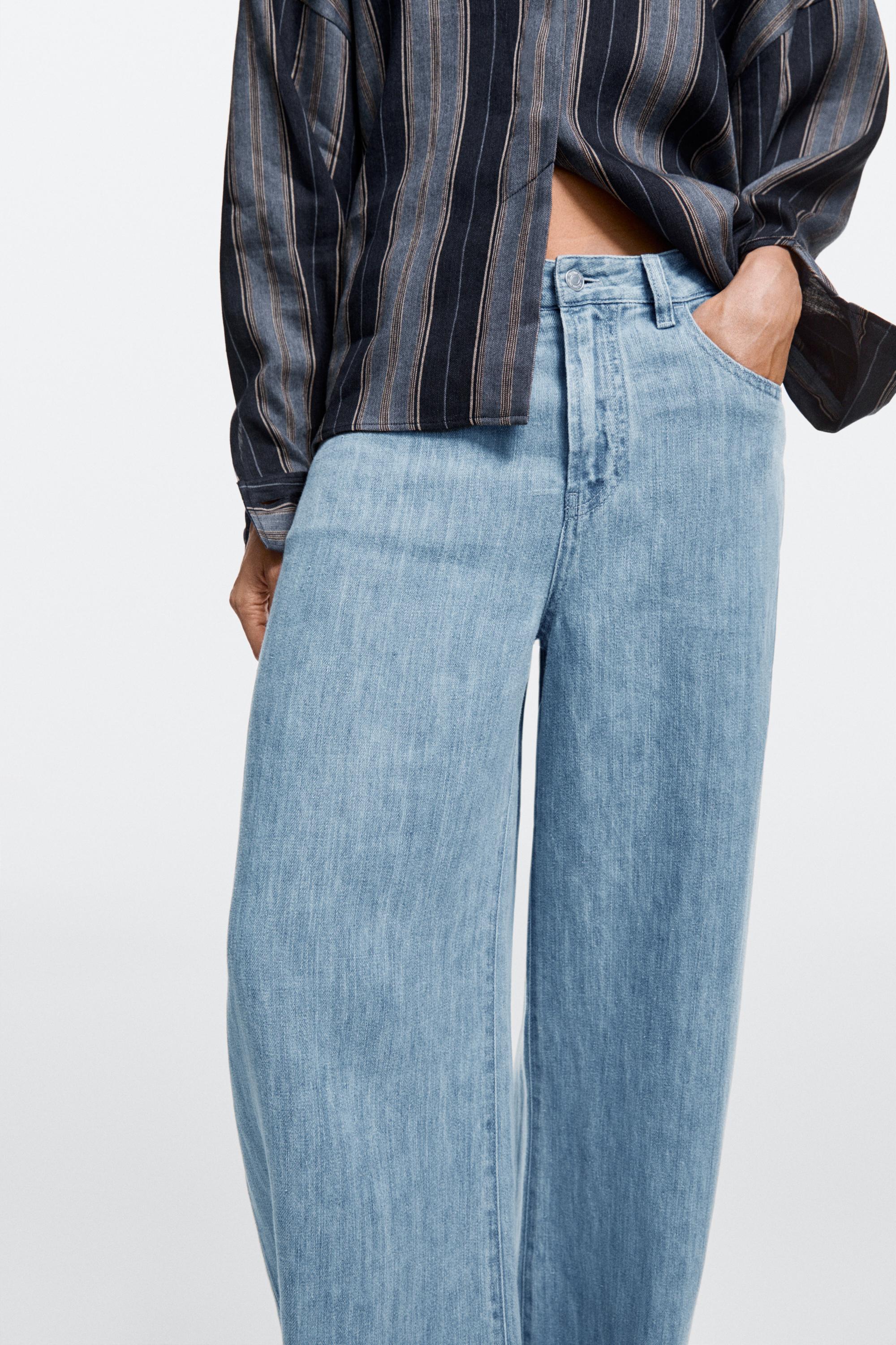 100% linen high-waist barrel fit jeans — Light blue